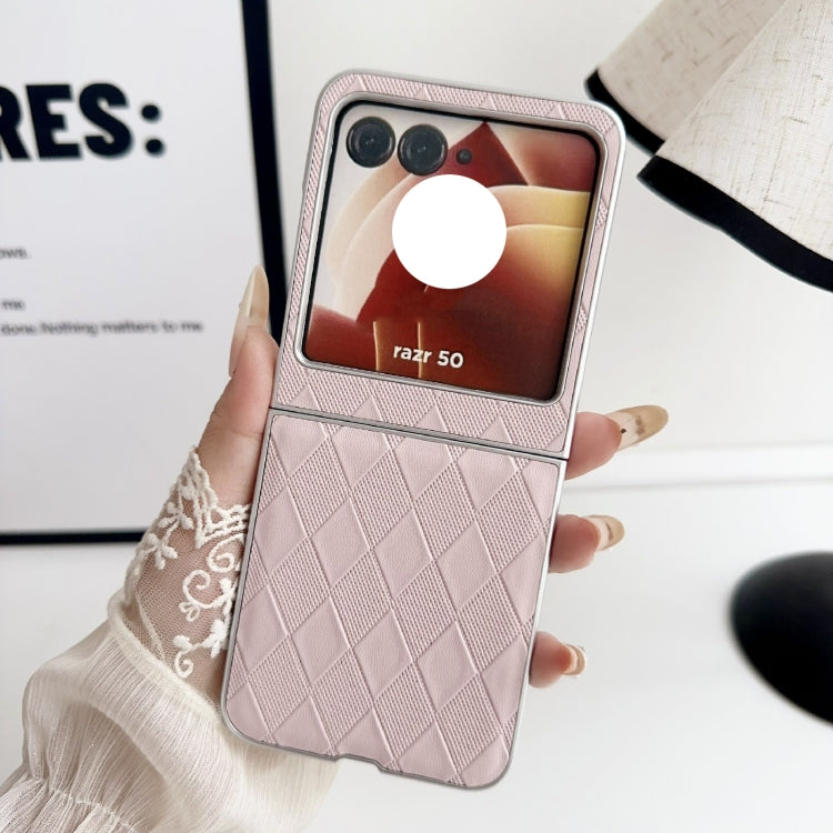 For Motorola Razr 50 Pearlescent Paint Diamond Shaped Checkered Leather Phone Case(Pink) by buy2fix