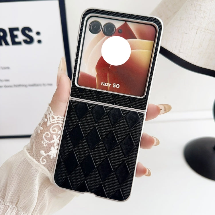 For Motorola Razr 50 Pearlescent Paint Diamond Shaped Checkered Leather Phone Case(Black) by buy2fix