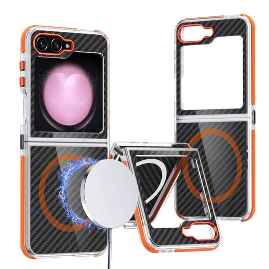 For Samsung Galaxy Z Flip6/7 FE Dual-Color Carbon Fiber Texture Magsafe Phone Case(Orange)