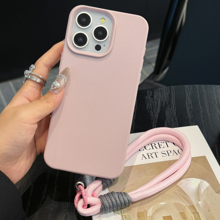 For iPhone 16 Pro Max Leather Texture TPU Full Coverage Phone Case with Lanyard(Pink) by buy2fix