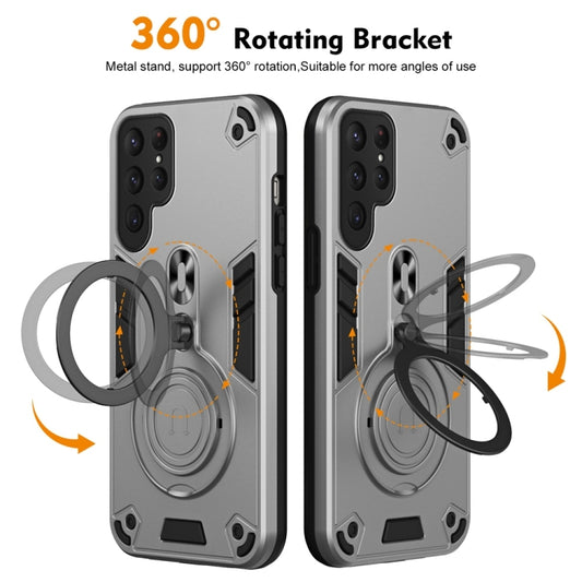 For Samsung Galaxy S25 Ultra 5G Metal Ring 360 Degree Rotating Holder PC Hybrid TPU Phone Case(Silver Grey) by buy2fix