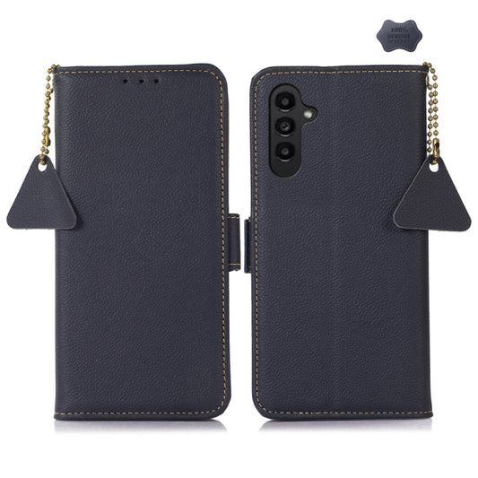 For Samsung Galaxy M35 Side-Magnetic TJ Genuine Leather RFID Phone Case(Blue) - Galaxy Phone Cases by buy2fix | Online Shopping UK | buy2fix