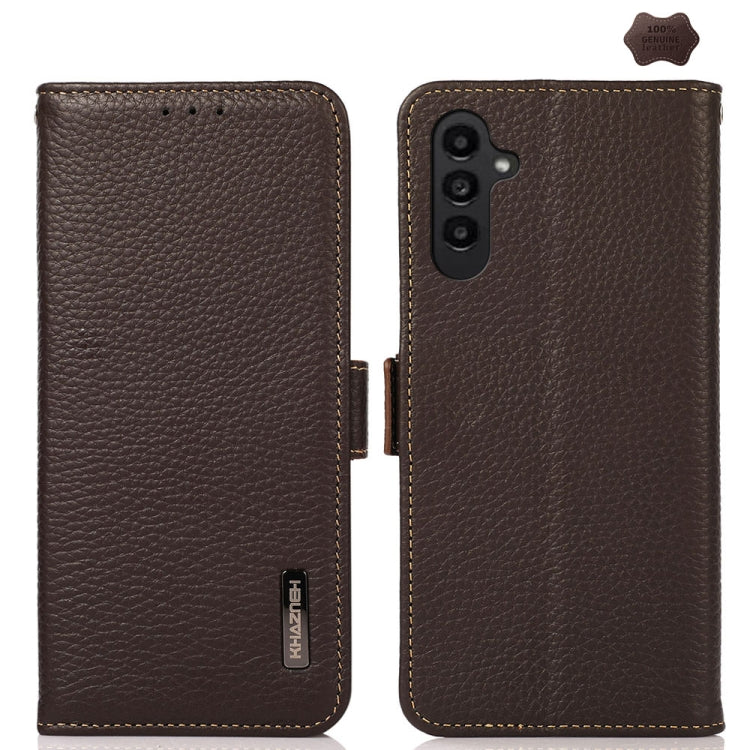 For Samsung Galaxy A16 5G KHAZNEH Side-Magnetic Litchi Genuine Leather RFID Phone Case(Brown) - Galaxy Phone Cases by buy2fix | Online Shopping UK | buy2fix