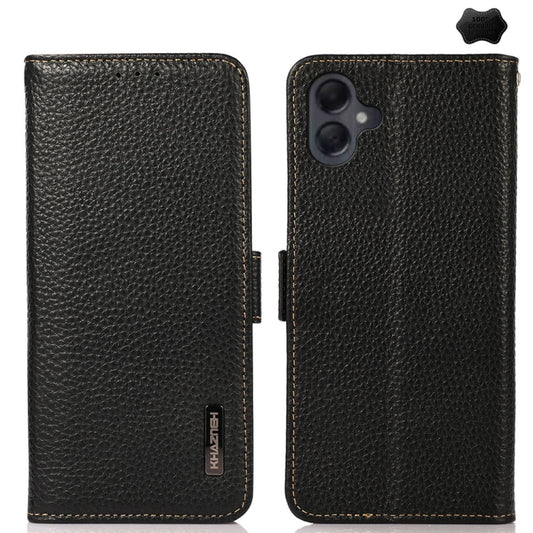 For Samsung Galaxy A06 4G KHAZNEH Side-Magnetic Litchi Genuine Leather RFID Phone Case(Black) - Galaxy Phone Cases by buy2fix | Online Shopping UK | buy2fix