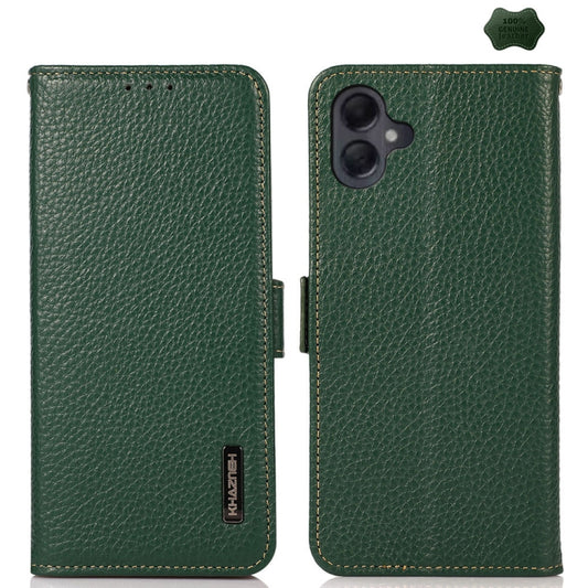 For Samsung Galaxy A06 4G KHAZNEH Side-Magnetic Litchi Genuine Leather RFID Phone Case(Green) - Galaxy Phone Cases by buy2fix | Online Shopping UK | buy2fix