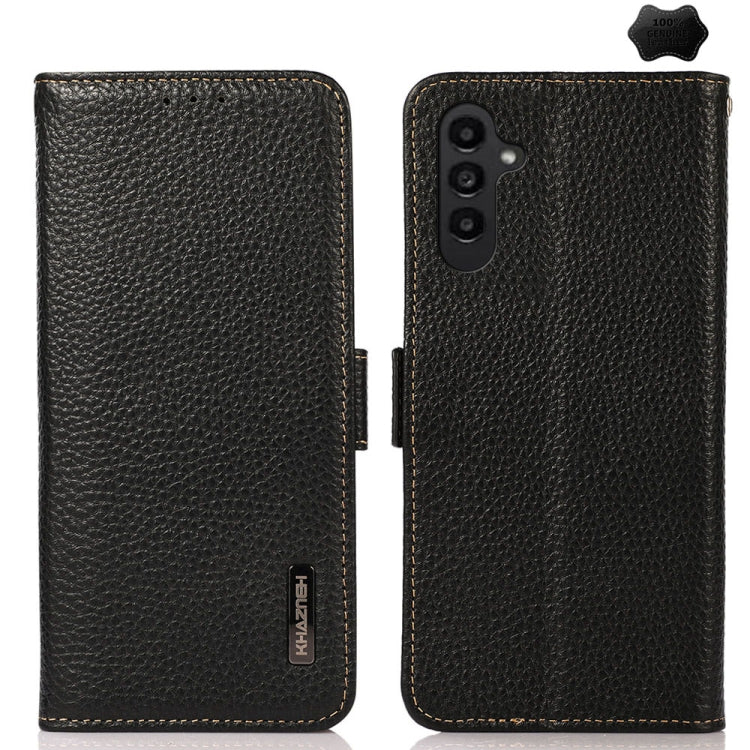 For Samsung Galaxy A36 KHAZNEH Side-Magnetic Litchi Genuine Leather RFID Phone Case(Black) - Galaxy Phone Cases by buy2fix | Online Shopping UK | buy2fix