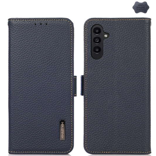 For Samsung Galaxy A36 KHAZNEH Side-Magnetic Litchi Genuine Leather RFID Phone Case(Blue) - Galaxy Phone Cases by buy2fix | Online Shopping UK | buy2fix