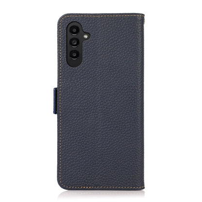 For Samsung Galaxy A36 KHAZNEH Side-Magnetic Litchi Genuine Leather RFID Phone Case(Blue) - Galaxy Phone Cases by buy2fix | Online Shopping UK | buy2fix