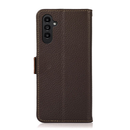 For Samsung Galaxy A36 KHAZNEH Side-Magnetic Litchi Genuine Leather RFID Phone Case(Brown) - Galaxy Phone Cases by buy2fix | Online Shopping UK | buy2fix