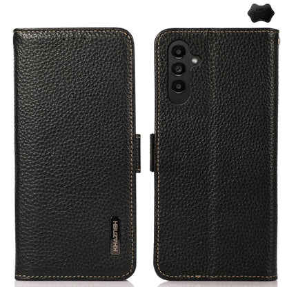 For Samsung Galaxy A26 5G KHAZNEH Side-Magnetic Litchi Genuine Leather RFID Phone Case(Black) - Galaxy Phone Cases by buy2fix | Online Shopping UK | buy2fix