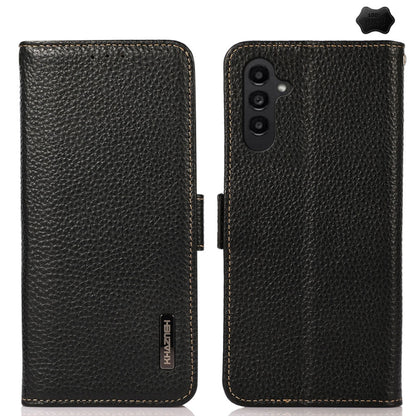 For Samsung Galaxy A56 5G KHAZNEH Side-Magnetic Litchi Genuine Leather RFID Phone Case(Black) - Galaxy Phone Cases by buy2fix | Online Shopping UK | buy2fix