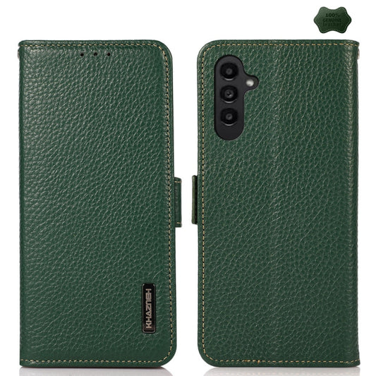 For Samsung Galaxy A56 5G KHAZNEH Side-Magnetic Litchi Genuine Leather RFID Phone Case(Green) - Galaxy Phone Cases by buy2fix | Online Shopping UK | buy2fix