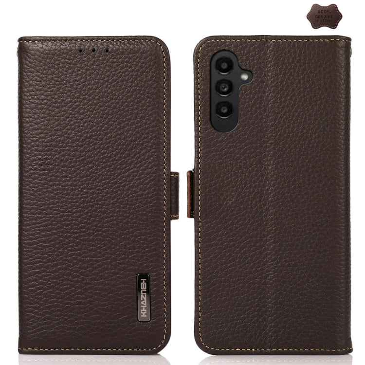 For Samsung Galaxy A56 5G KHAZNEH Side-Magnetic Litchi Genuine Leather RFID Phone Case(Brown) - Galaxy Phone Cases by buy2fix | Online Shopping UK | buy2fix