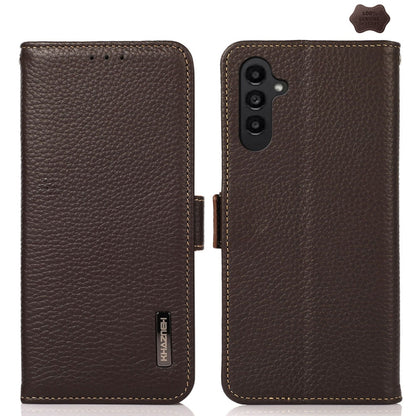 For Samsung Galaxy A56 5G KHAZNEH Side-Magnetic Litchi Genuine Leather RFID Phone Case(Brown) - Galaxy Phone Cases by buy2fix | Online Shopping UK | buy2fix