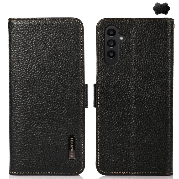 For Samsung Galaxy M35 KHAZNEH Side-Magnetic Litchi Genuine Leather RFID Phone Case(Black) - Galaxy Phone Cases by buy2fix | Online Shopping UK | buy2fix