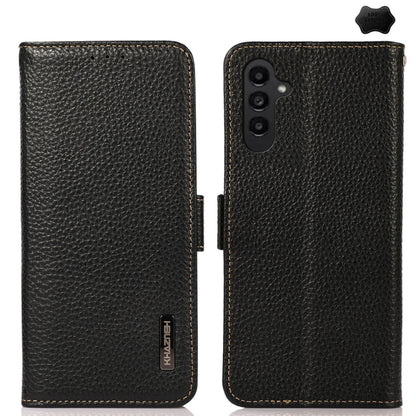 For Samsung Galaxy M35 KHAZNEH Side-Magnetic Litchi Genuine Leather RFID Phone Case(Black) - Galaxy Phone Cases by buy2fix | Online Shopping UK | buy2fix