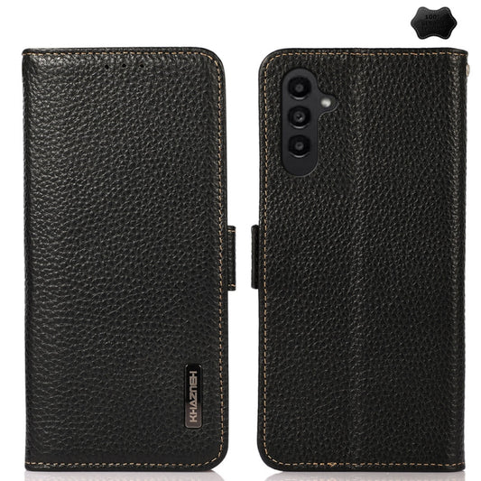 For Samsung Galaxy M35 KHAZNEH Side-Magnetic Litchi Genuine Leather RFID Phone Case(Black) - Galaxy Phone Cases by buy2fix | Online Shopping UK | buy2fix