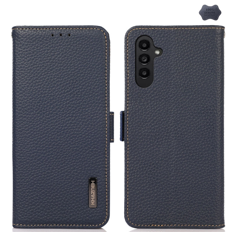 For Samsung Galaxy M35 KHAZNEH Side-Magnetic Litchi Genuine Leather RFID Phone Case(Blue) - Galaxy Phone Cases by buy2fix | Online Shopping UK | buy2fix