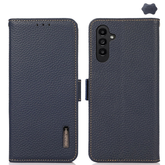 For Samsung Galaxy M35 KHAZNEH Side-Magnetic Litchi Genuine Leather RFID Phone Case(Blue) - Galaxy Phone Cases by buy2fix | Online Shopping UK | buy2fix