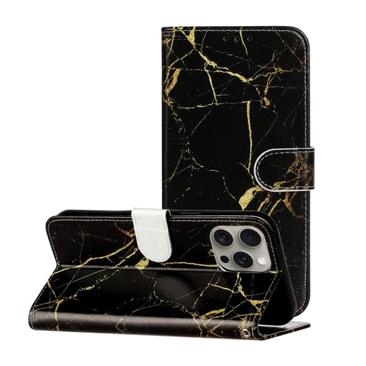 For iPhone 16 Pro Max Colored Drawing Marble Pattern Leather Phone Case(Black Gold Marble) by buy2fix