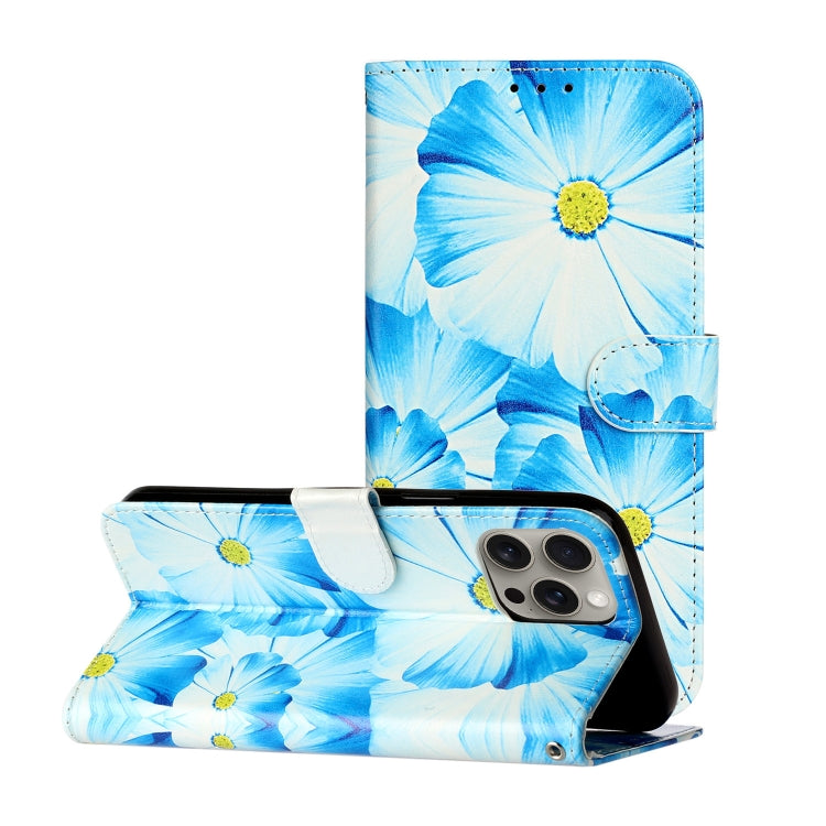 For iPhone 16 Pro Max Colored Drawing Marble Pattern Leather Phone Case(Blue Flower) by buy2fix