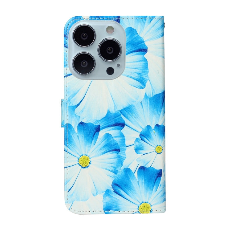 For iPhone 16 Pro Max Colored Drawing Marble Pattern Leather Phone Case(Blue Flower) by buy2fix