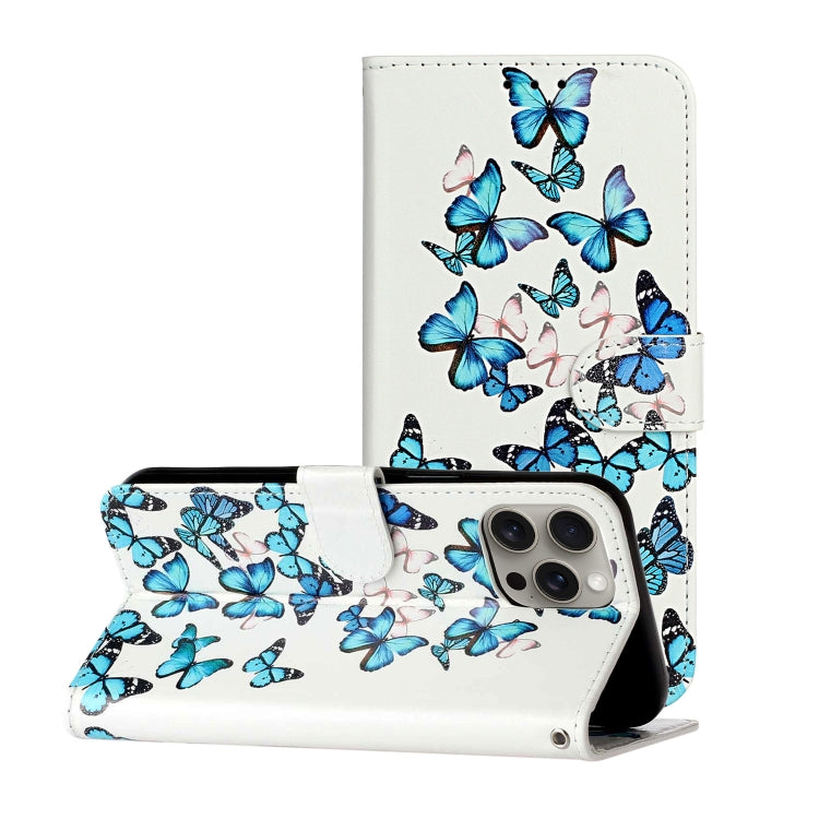 For iPhone 16 Pro Max Colored Drawing Marble Pattern Leather Phone Case(Little Blue Butterflies) by buy2fix