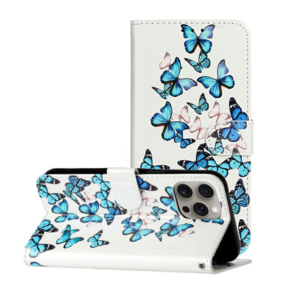 For iPhone 16 Pro Max Colored Drawing Marble Pattern Leather Phone Case(Little Blue Butterflies) by buy2fix