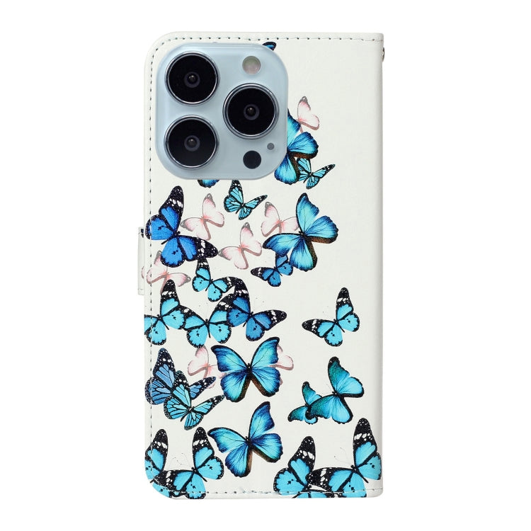 For iPhone 16 Pro Max Colored Drawing Marble Pattern Leather Phone Case(Little Blue Butterflies) by buy2fix
