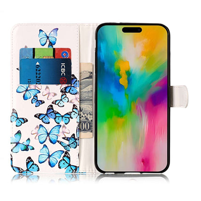 For iPhone 16 Pro Max Colored Drawing Marble Pattern Leather Phone Case(Little Blue Butterflies) by buy2fix