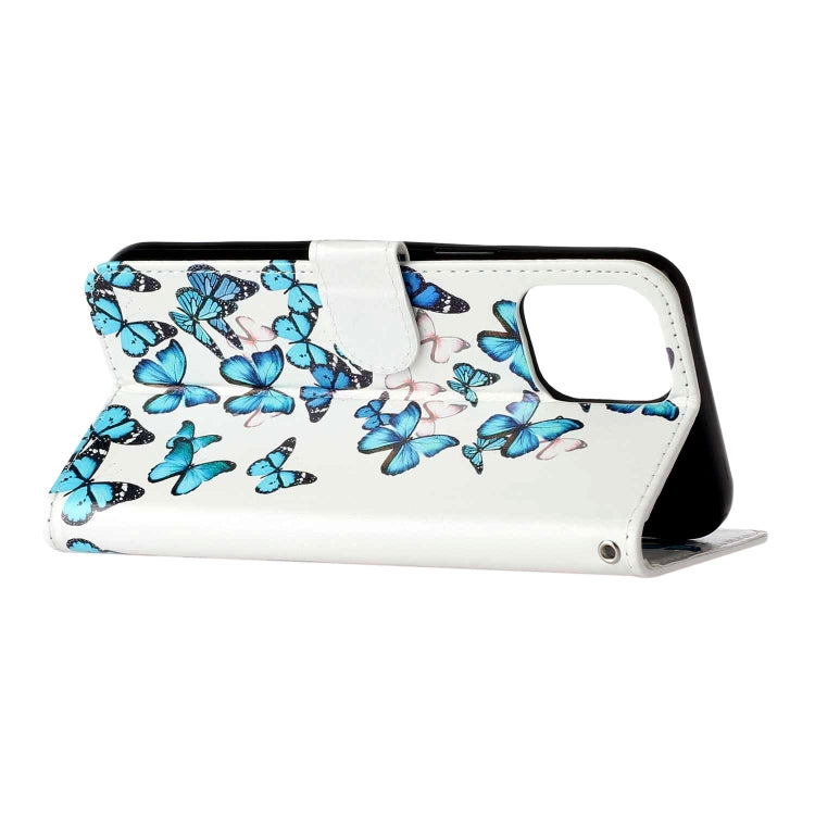 For iPhone 16 Pro Max Colored Drawing Marble Pattern Leather Phone Case(Little Blue Butterflies) by buy2fix