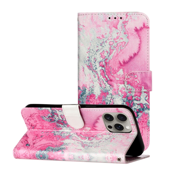 For iPhone 16 Pro Max Colored Drawing Marble Pattern Leather Phone Case(Pink Seawater) by buy2fix