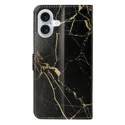For iPhone 16 Plus Colored Drawing Marble Pattern Leather Phone Case(Black Gold Marble) - iPhone 16 Plus Cases by buy2fix | Online Shopping UK | buy2fix