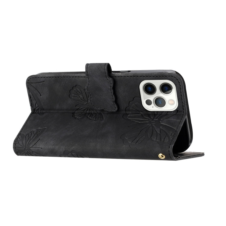 For iPhone 16 Pro Max Skin-feel Embossed Butterfly Leather Phone Case(Black) by buy2fix