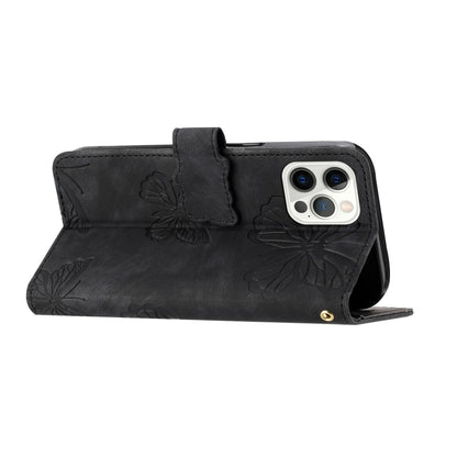 For iPhone 16 Pro Max Skin-feel Embossed Butterfly Leather Phone Case(Black) by buy2fix