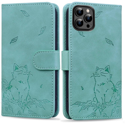 For iPhone 16 Pro Max Cute Cat Embossed Leather Phone Case(Green) by buy2fix