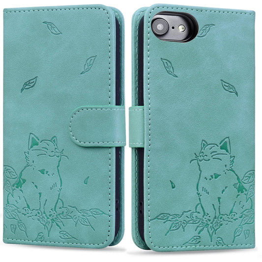 For iPhone 16e Cute Cat Embossed Leather Phone Case(Green) by buy2fix