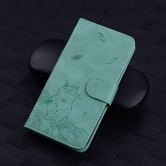 For iPhone 16e Cute Cat Embossed Leather Phone Case(Green) by buy2fix