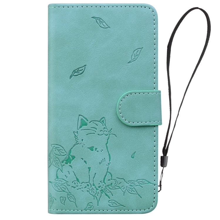For iPhone 16e Cute Cat Embossed Leather Phone Case(Green) by buy2fix