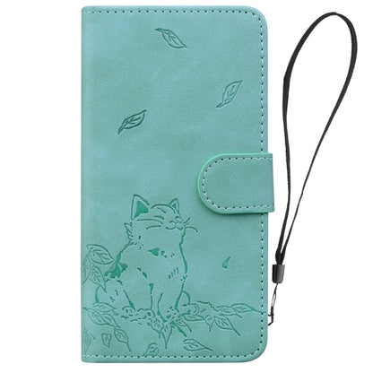 For iPhone 16e Cute Cat Embossed Leather Phone Case(Green) by buy2fix