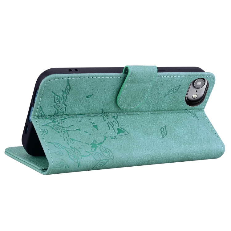 For iPhone 16e Cute Cat Embossed Leather Phone Case(Green) by buy2fix
