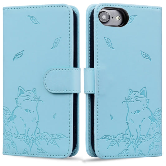 For iPhone 16e Cute Cat Embossed Leather Phone Case(Sky Blue) by buy2fix