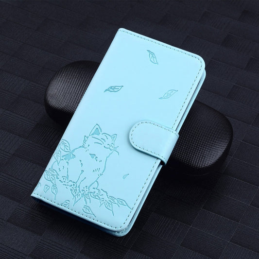 For iPhone 16e Cute Cat Embossed Leather Phone Case(Sky Blue) by buy2fix