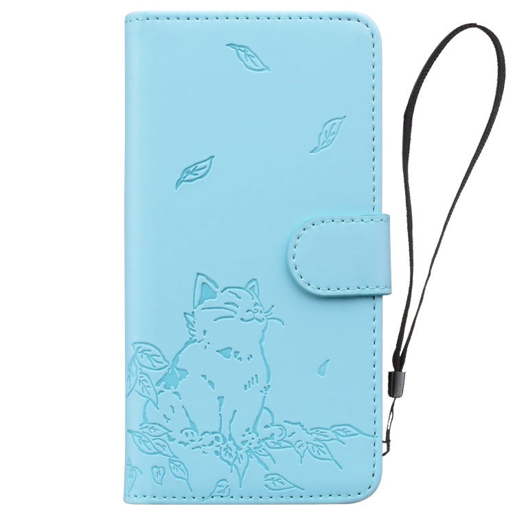 For iPhone 16e Cute Cat Embossed Leather Phone Case(Sky Blue) by buy2fix
