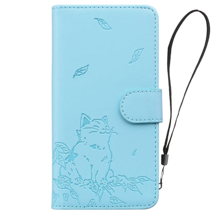 For iPhone 16e Cute Cat Embossed Leather Phone Case(Sky Blue) by buy2fix