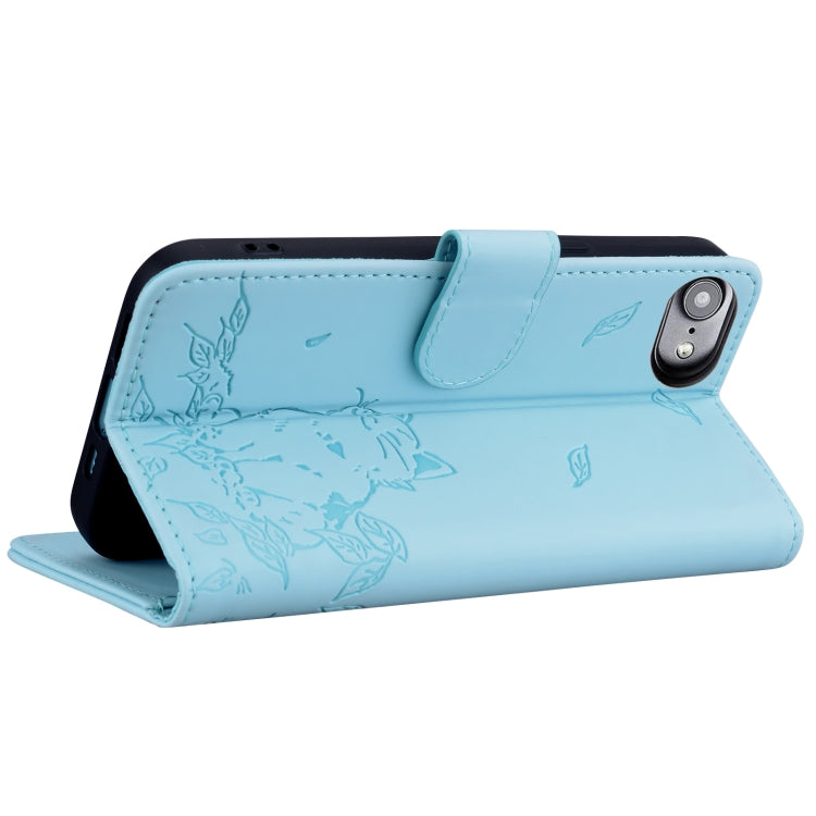 For iPhone 16e Cute Cat Embossed Leather Phone Case(Sky Blue) by buy2fix