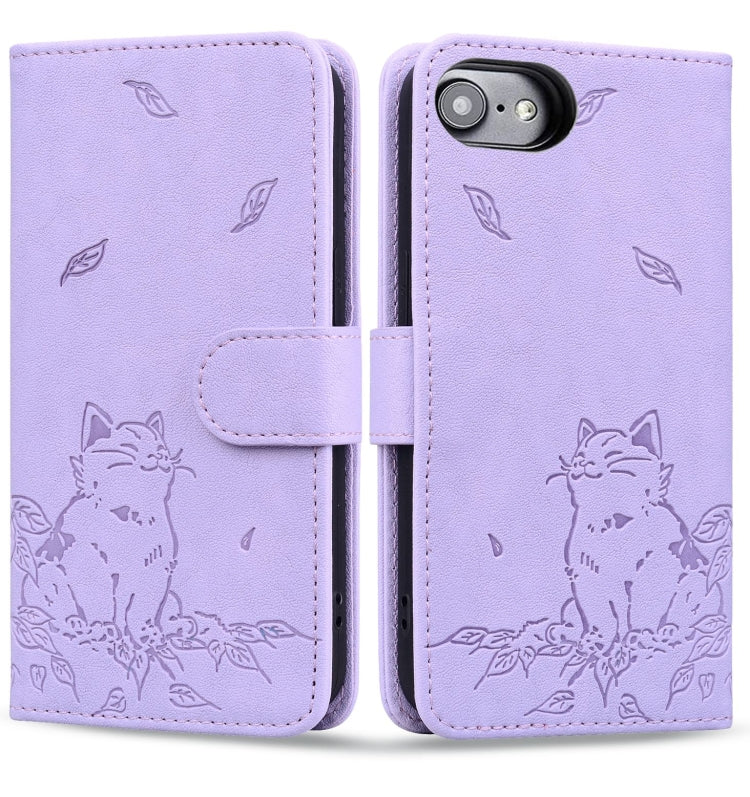 For iPhone 16e Cute Cat Embossed Leather Phone Case(Purple) by buy2fix