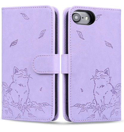 For iPhone 16e Cute Cat Embossed Leather Phone Case(Purple) by buy2fix