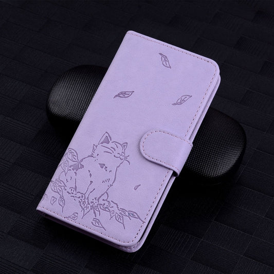 For iPhone 16e Cute Cat Embossed Leather Phone Case(Purple) by buy2fix