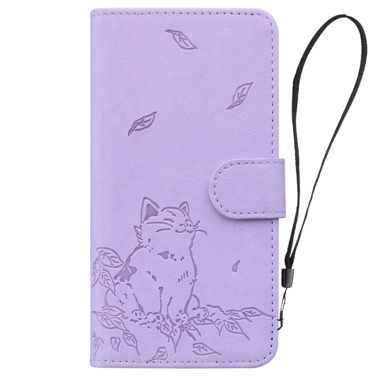 For iPhone 16e Cute Cat Embossed Leather Phone Case(Purple) by buy2fix